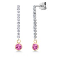 Gem Stone King 14K Two Tone Gold Pink Created Sapphire and Lab Grown Diamond Earrings for Women | 1.46 Cttw | Gemstone September Birthstone | Round 5MM