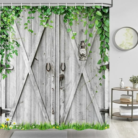 Rustic Wooden Board Barn Door Shower Curtain Sets for Bathroom, Vintage Farmhouse Wooden Theme Plank Green Leaves Bath Curtain, Fabric Grass and Flowers Spring Decoration Curtains with Hooks 72x72IN
