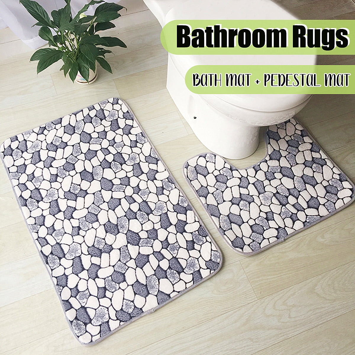 2Pcs Pebbles Memory Non-Slip Bathroom Toilet Pedestal Rug + Bath Floor ...