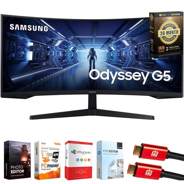 Samsung 34" Odyssey G55T WQHD 165Hz 1ms(MPRT) HDR Paquete de Monitor Curvo para Juegos con Tecnología Smart USA Elite Suite 18, 2 Cables HDMI y Equipo Decorativo CPS Paquete de Protección Exclusivo de