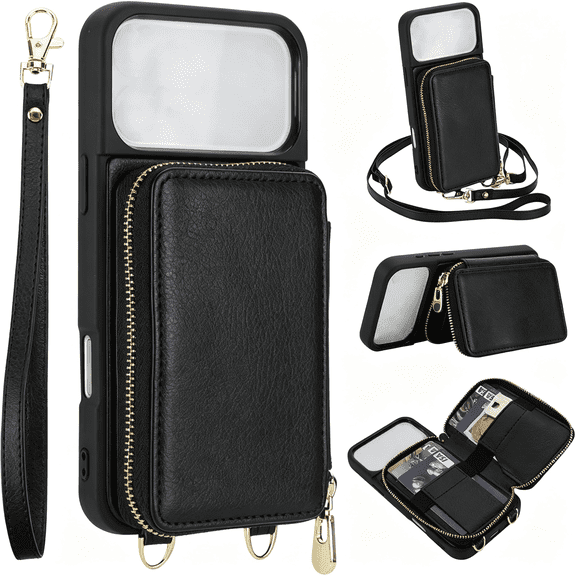 GJX Crossbody Wallet Case for Iphone17 Promax 6.9",Rfid Blocking Pu Leather Zipper Phone Case Bag Flip Folio Cover with Card Slots,Wrist Strap Lanyard (Black, Iphone 17 Pro 6.3’’