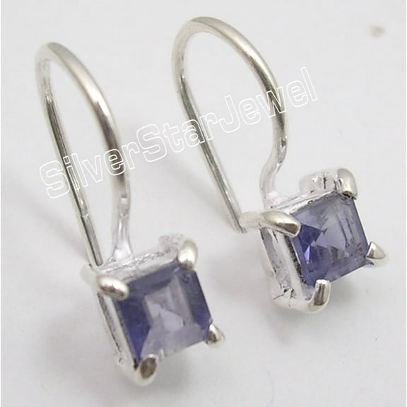 SilverStarJewel 925 Sterling Silver Natural Square Iolite Prong-Setting Nouveau Earrings 0.6"
