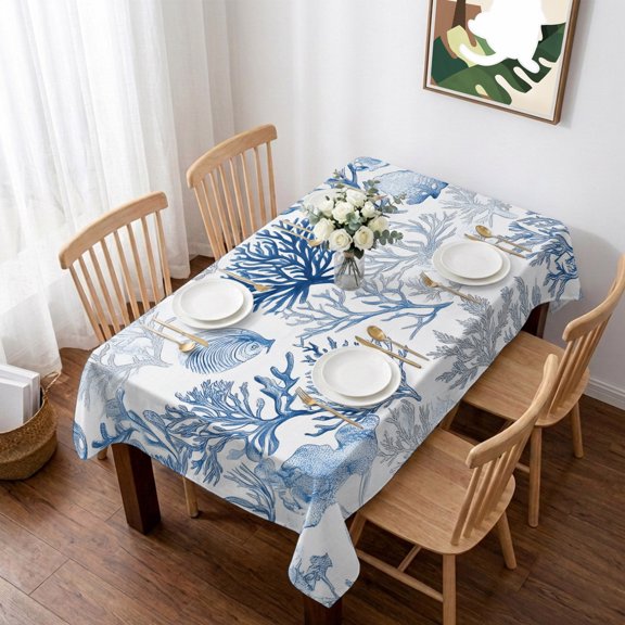 Navy Blue Coral Table Cloth Waterproof Tablecloths, Summer Beach Coastal Ocean Nautical Tablecloth Dining Table Cover for Kitchen Party Tabletop Outdoor, Rectangle Tablecloth 60x84 Inch