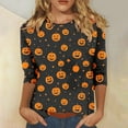 thumbnail image 2 of Meichang Halloween Shirts for Women Spooky Pumpkin Graphic T Shirts 3/4 Length Sleeve Halloween Tops Party Round Neck Tunic Top Blouse, 2 of 6