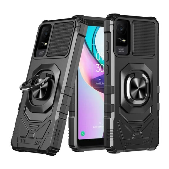 Compatible for TCL ION X Case/TCL ION V Case with Tempered Glass Screen Protector [Military Grade] Ring Car Mount Kickstand Shockproof Hard Phone Case - Black