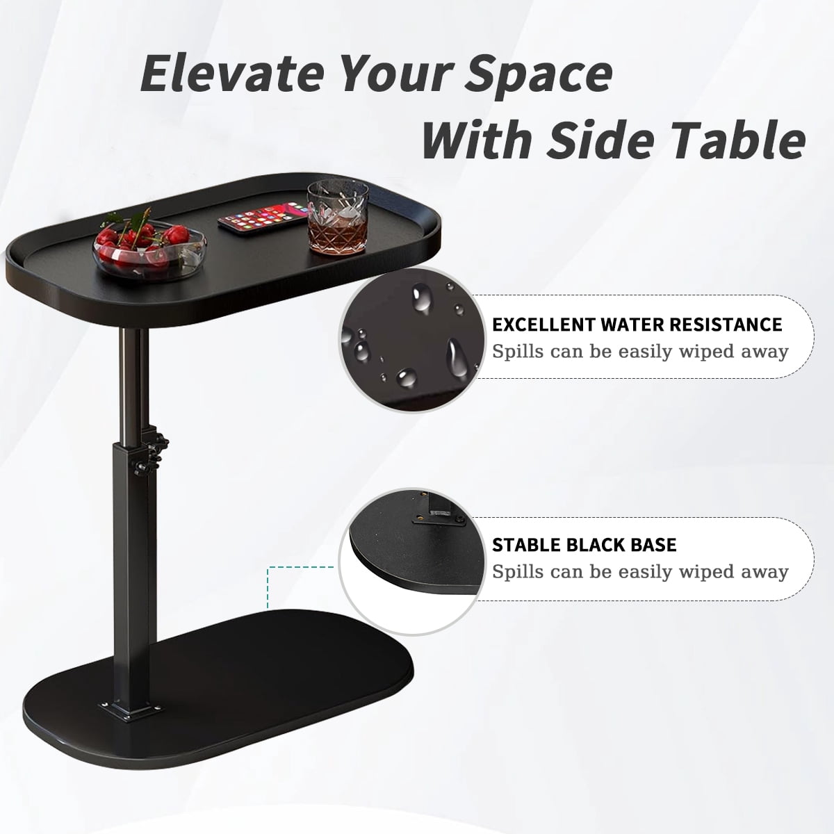 MONEHANE C-Shaped End Table, 360° Rotating Adjustable Height Couch Side Tables for Sofa / Bed / Bathtub, Black