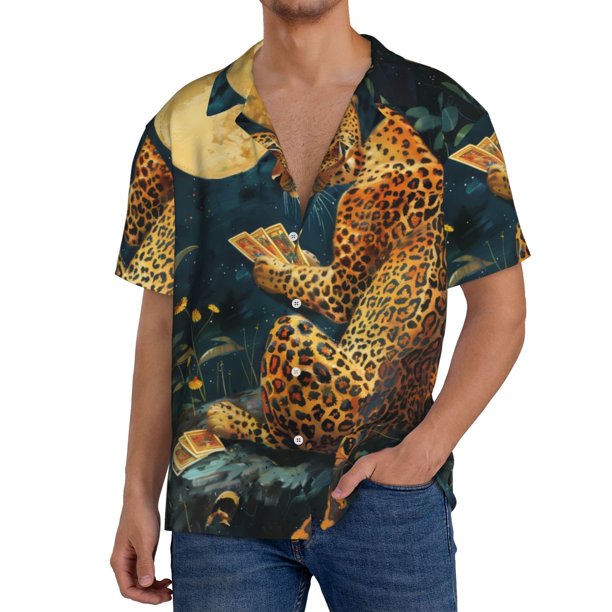 Fotbe Leopard Reading Tarot Cards Camisa Estampada de Manga Corta para Hombre, Casual de Verano, Estilo Playero, Sin Arrugas-Medium