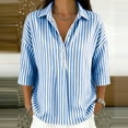 thumbnail image 2 of Qgtaibl Womens Striped Tunic Tops Trendy 3/4 Length Sleeve Lapel Half Button Down Shirts Lightweight Loose Fit Casual Blouse Light Blue S, 2 of 7