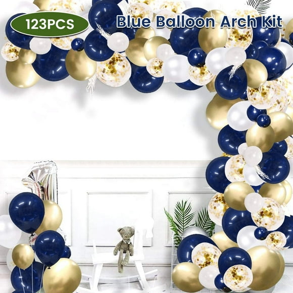 Balloon Arch Kit DIY Latex Bleu Marine Ballon en Or Blanc à Usages Multiples Confettis Guirlande Arc Kit pour la Décoration de Fête d'Anniversaire de Mariage