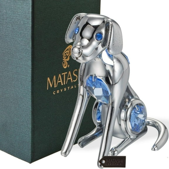 Matashi  Home Decorative Tabletop Showpiece Chrome Plated Silver Dog with Blue Crystals