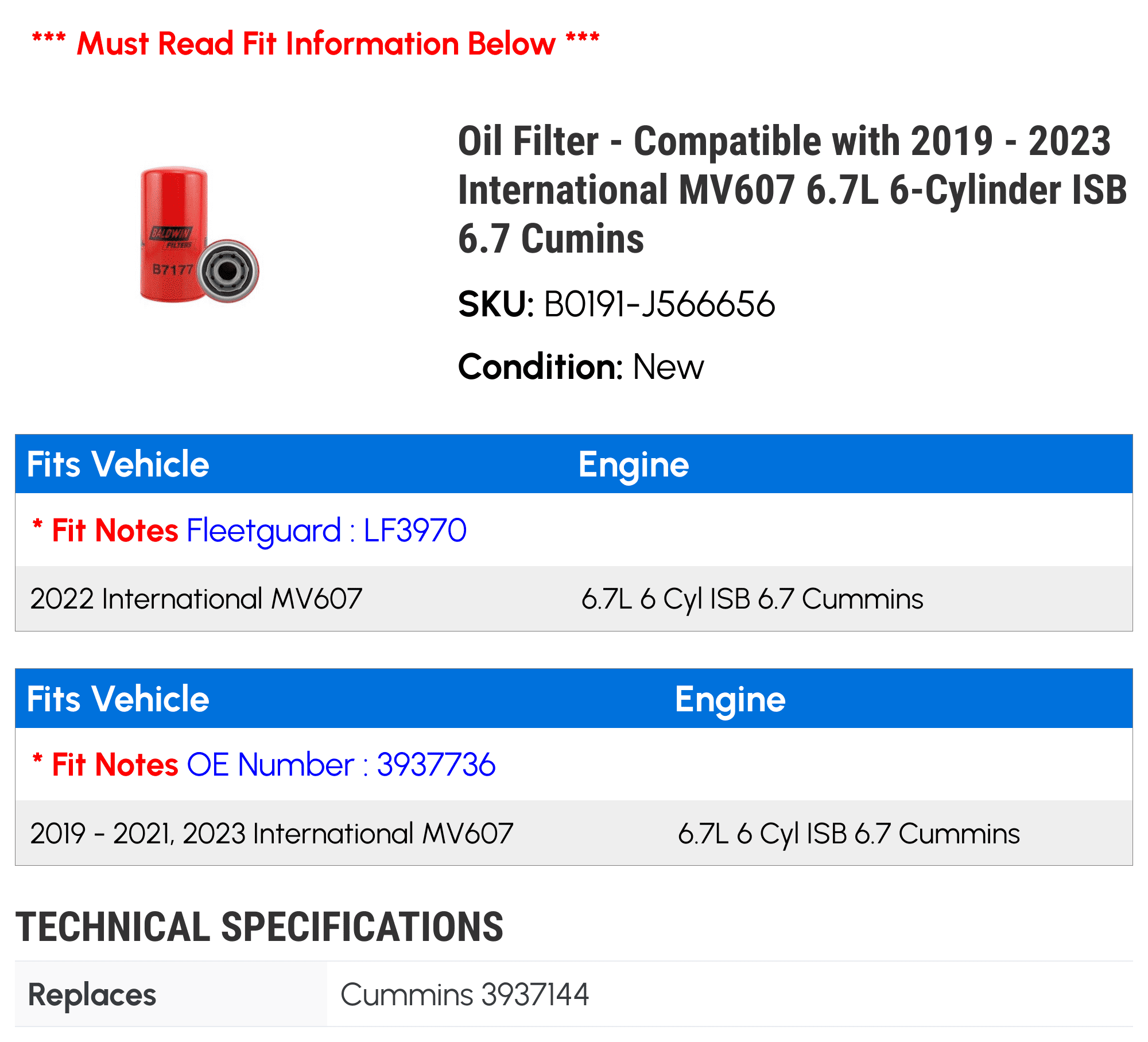 Oil Filter - Compatible with 2019 - 2023 International MV607 6.7L 6-Cylinder ISB 6.7 Cumins 2020 2021 2022