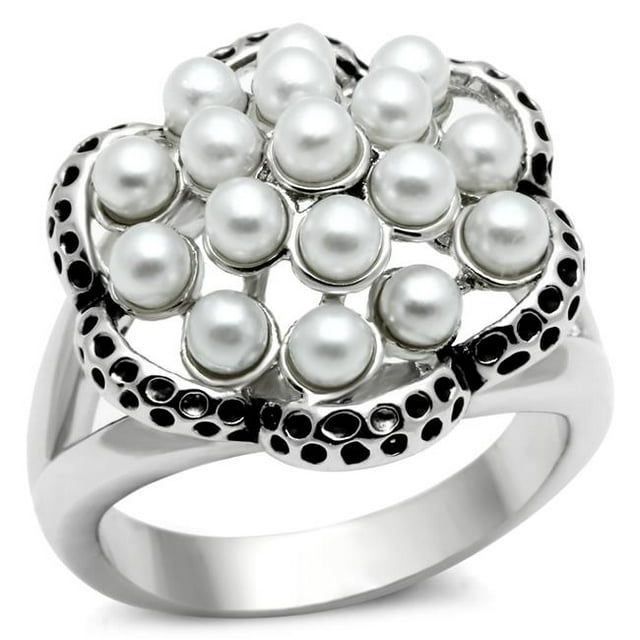 Alamode 3W232-8 Women Rhodium Brass Ring with Synthetic in White - Size 8