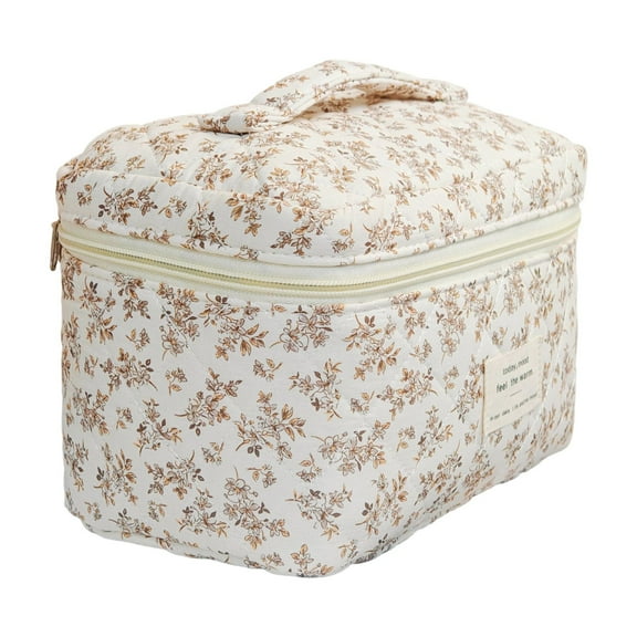 Floral Makeup Bag Set - Large Quilted Cosmetic Bag for Women, Cute Cotton Travel Toiletry Organizer with Coquette Style Design, Multi-Purpose Pouch