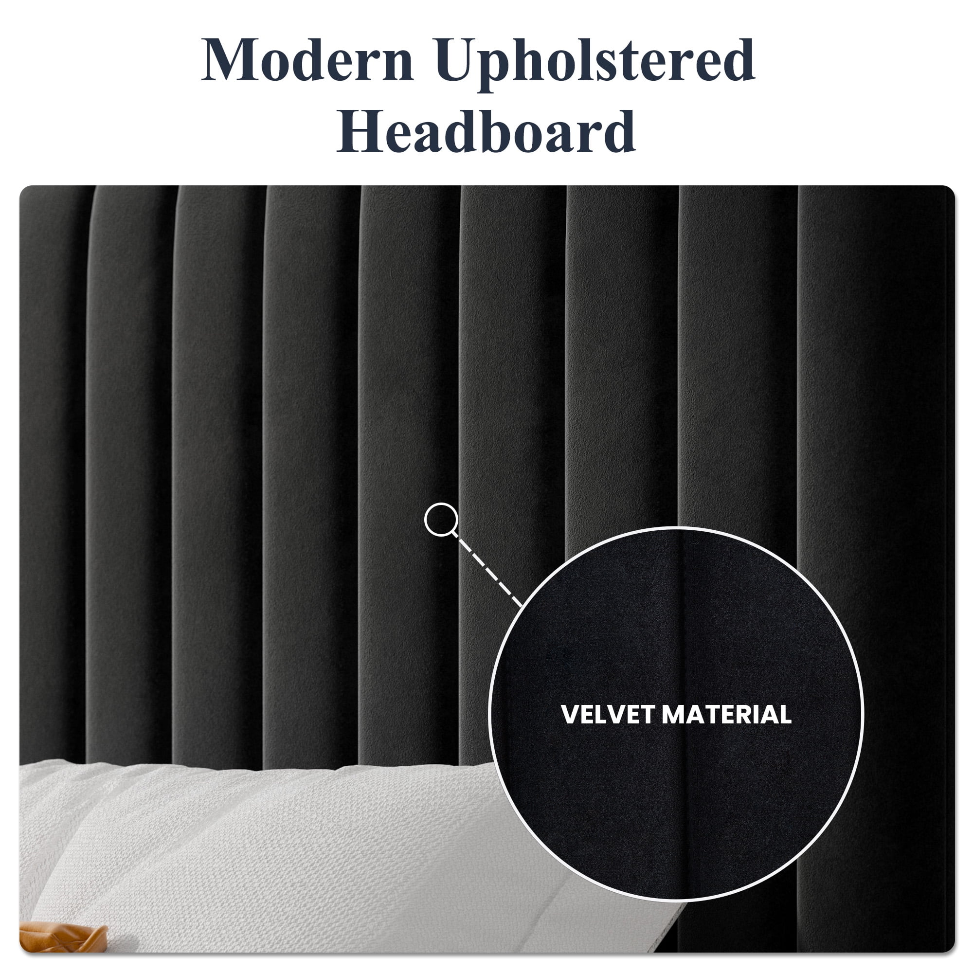 Allewie Full Size Velvet Upholstered Platform Bed Frame with Adjustable Vertical Channel Tufted Headboard, Black