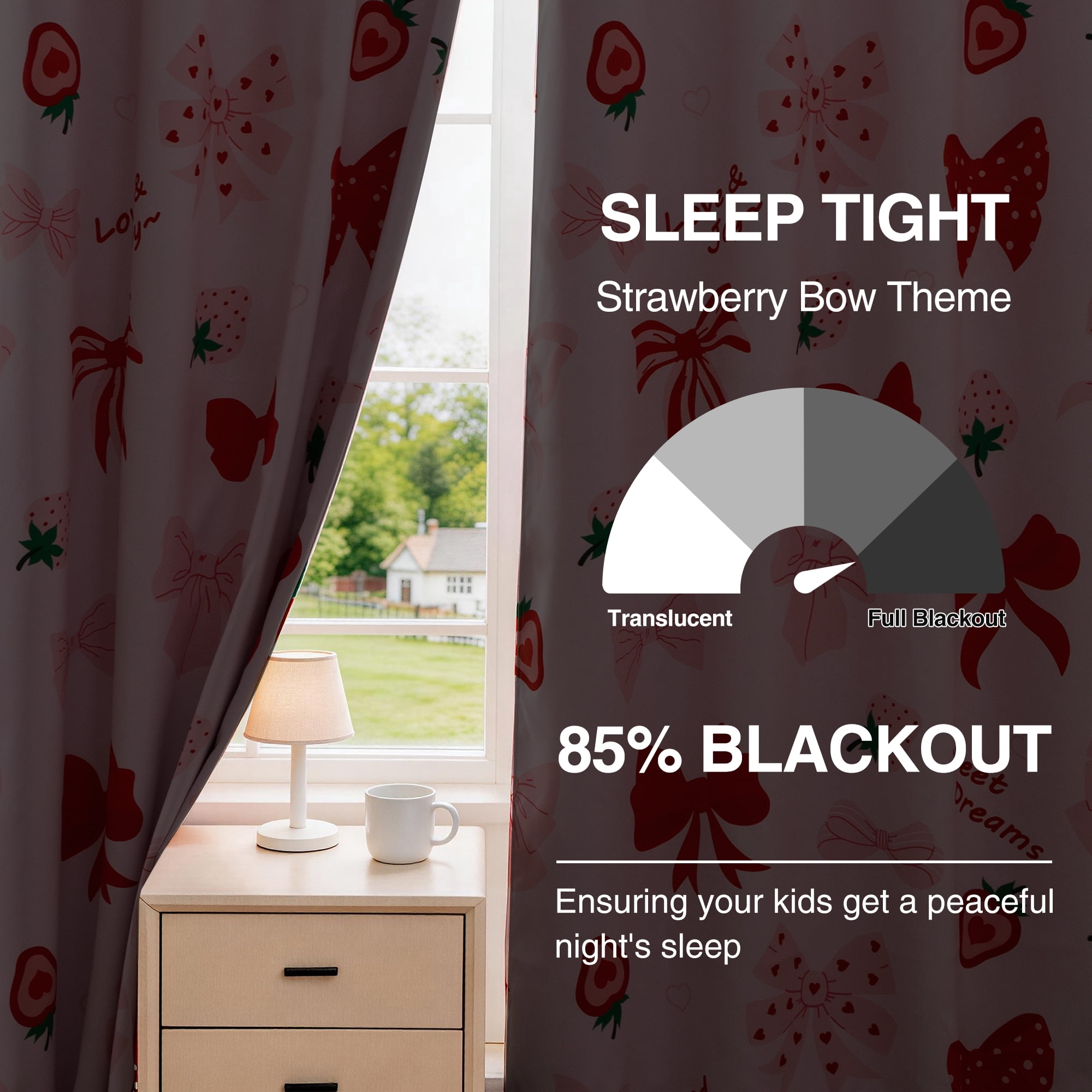 Btargot Blackout Curtains 2 Panels Thermal Insulated Grommet Strawberry Bows Window Curtains for Girls Bedroom 52 X 63 inch