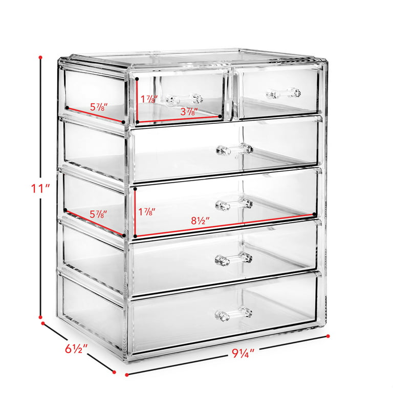 Casafield Acrylic Cosmetic Makeup Organizer & Jewelry Storage Display Case  - 4 Large, 2 Small Drawer Set - Clear