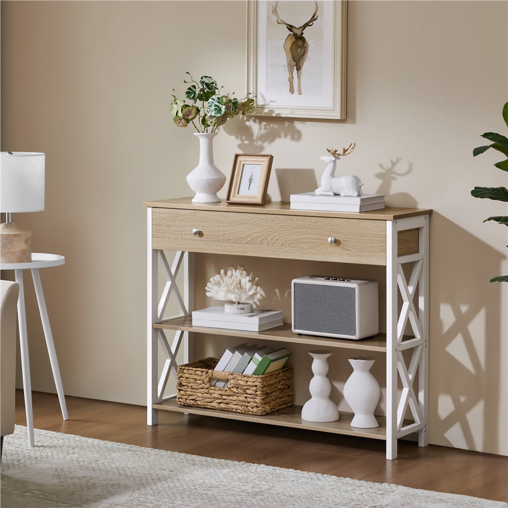 Topeakmart X Design Console Table w/ 1 Drawer & 2 Shelves, Gray, Light Oak