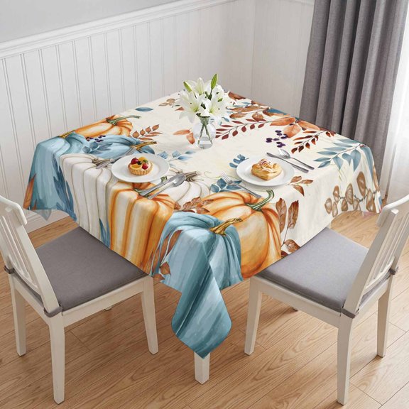 Orange Blue Fall Table Cloth Waterproof Tablecloths, Thanksgiving Pumpkins Harvest Botanical Tablecloth Dining Table Cover for Kitchen Party Tabletop Outdoor, Square Tablecloth 60x60 Inch