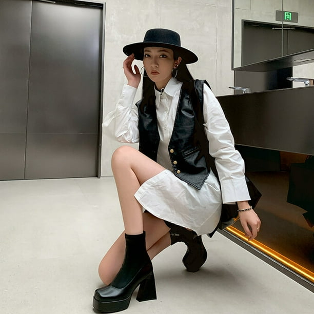 Lovskoo 2024 Platform Boots for Women Leather Chunky Stacked Heel