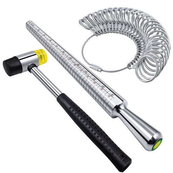 Ring Sizer Measuring Tool Set Including Ring Mandrel Metal Ring Sizer Gauge Kit Rubber Jeweler's Mallet Hammer US Plug,1 x ring sizer mandrel 1 x ring sizer guage 1 x jewelers rubber hammer