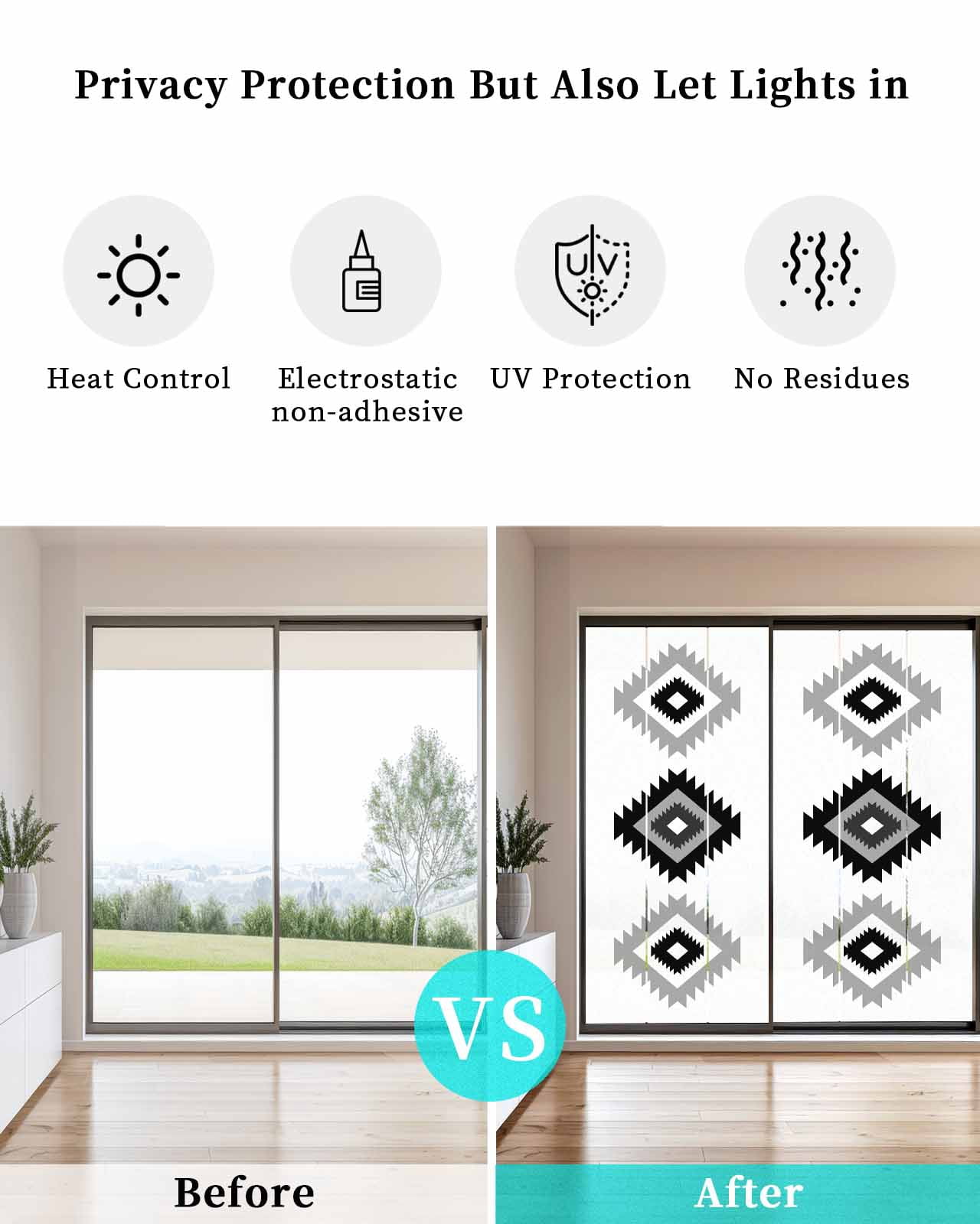Window Privacy Film, Black White Boho Aztec UV Sun Blocking Window Tint Film Heat Control One Way Blackout Window Film, Morocco Mexican Geometric Bohemian Non Adhesive Static Cling Sticker 23.6x59 In