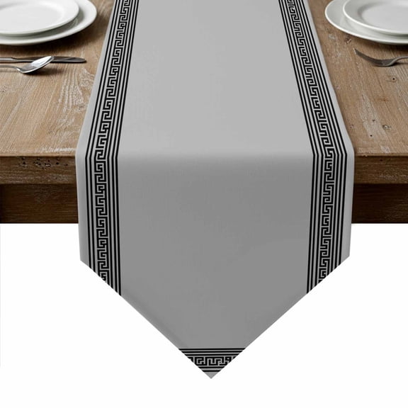 Black Retro Greek Key Table Runner Linen Burlap Table Runner 72 Inches Long Gray Greece Ancient Farmhouse Geo Dresser Scarves for Kitchen Island Coffee Dining Room Party Holiday Decoration 16"x72"