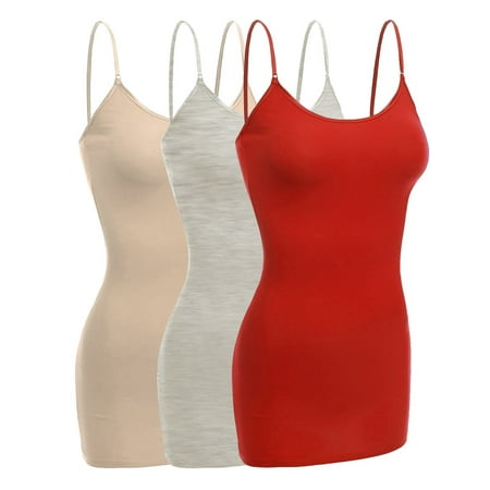 

Women & Juniors Basic Layering Built in Bra Spaghetti Strap Long Cami Top Tank