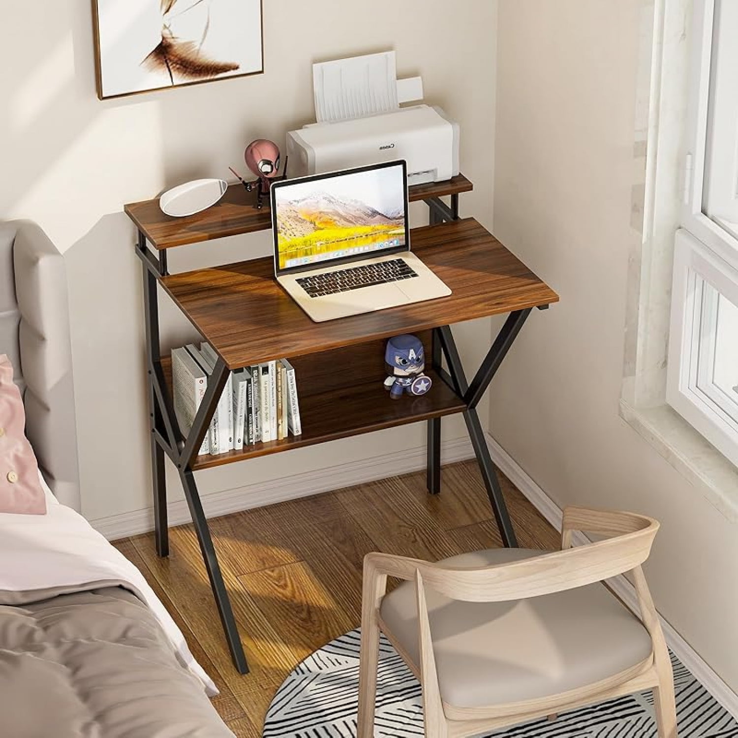 Small Desk, 27.5 Inch Small Computer Desk for Small Spaces, Compact Desk with Storage, Tiny Desk Study Desk with Monitor Stand for Home Office