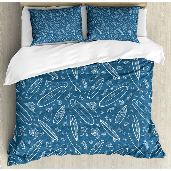 Surfboard King Size Duvet Cover Set, Blue Waters Oceanic Elements Waves Swirls Doodle White Outlines Hobby Fun Times, Decorative 3 Piece Bedding Set with 2 Pillow Shams, Blue White, by Ambesonne