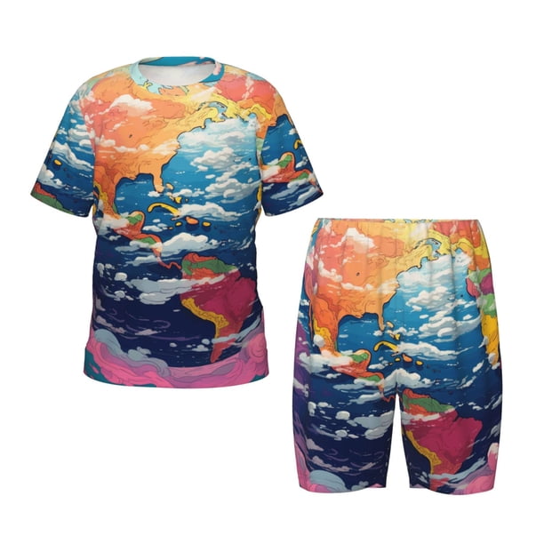 Balery Colorful Whimsical Earth Conjunto de Pijama Infantil de Manga Corta con Estampado – Ropa de Dormir de Algodón Suave-Large