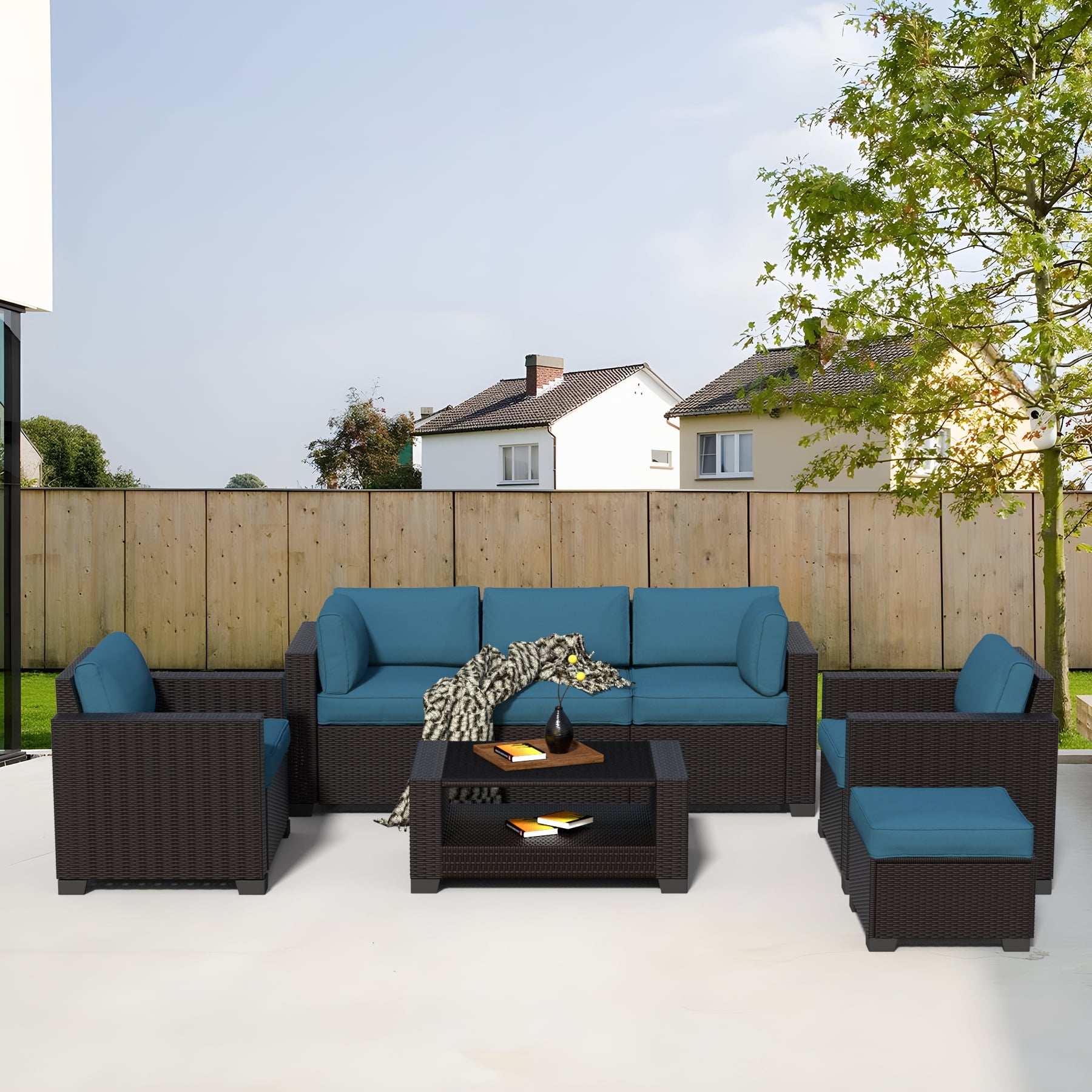7-Piece Waterproof Outdoor Patio Furniture Set, PE Wicker Rattan Sectional Sofa with Replaceable Cushions & Coffee Table, Modern Patio Conversation Set for Porch, Balcony, Backyard (Peacock Blue)