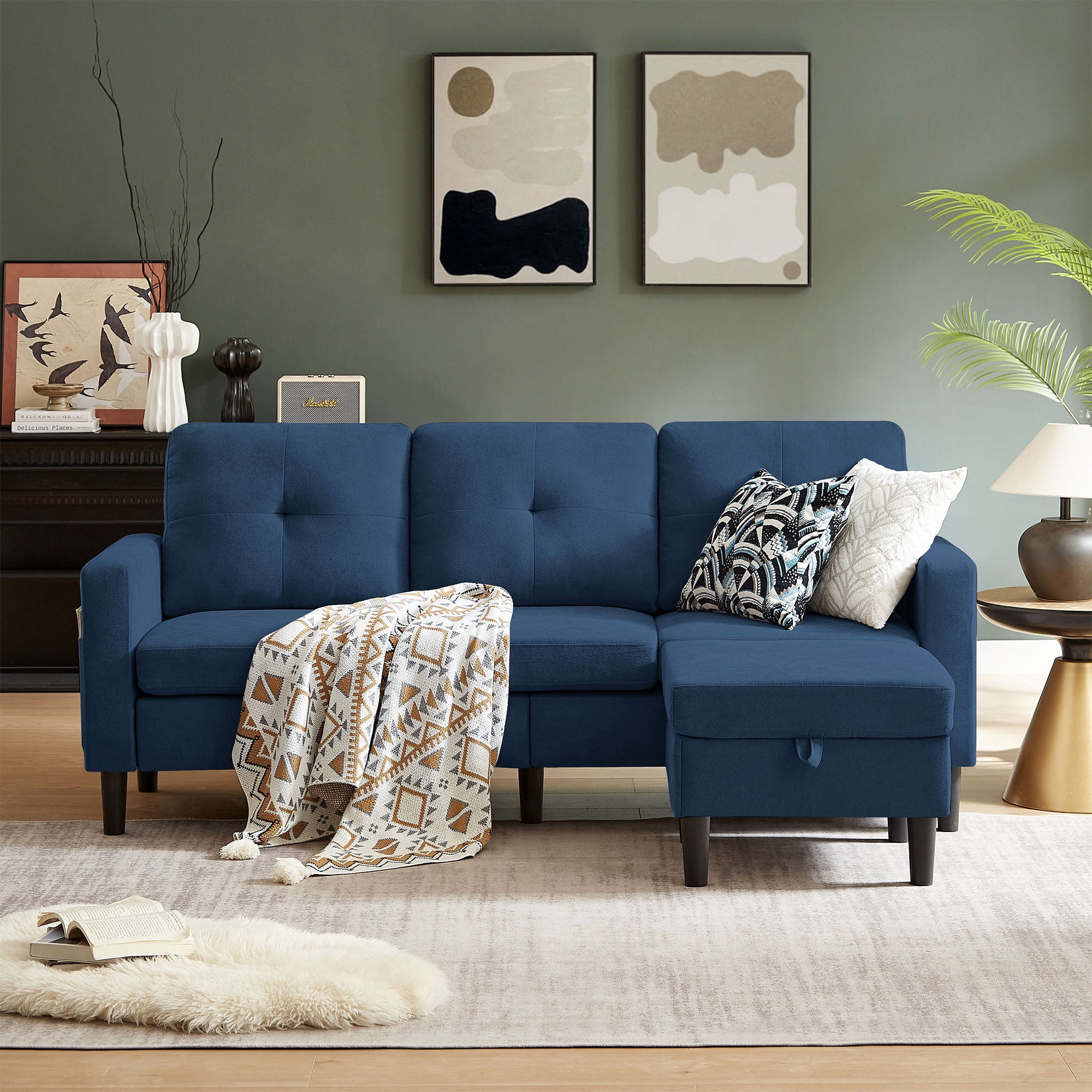 Pingliang Home Sectional Sofa with Storage Ottoman, Modern Couch with Footstool and Side Pockets,3 Seat L Shaped Couches for Living Room Apartment Office Studio
