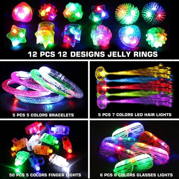 78PCs Bulk Glow In The Dark LED Party Favors, Light Up Toys with Finger Lights, Jelly Rings & Flashing Glasses for Kids Adults Halloween Birthday
