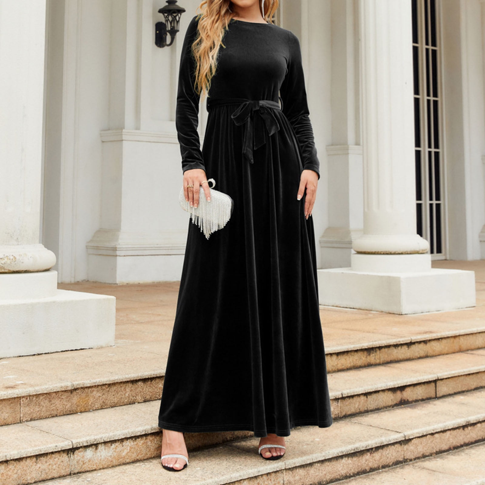Jggspwm Women's Velvet Maxi Dress High Waisted A Line Skirt Long Sleeves Dresses Dark Blue M, Size: Medium