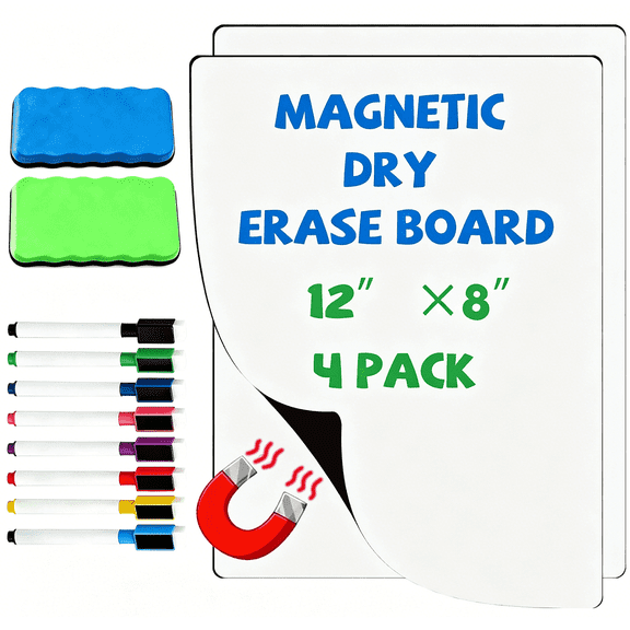 4 Pack Magnetic Whiteboard for Fridge 12"X8" Dry Erase White Board with 8 Markers & 2 Eraser,Small Fridge Whiteboard for Home Kitchen Organizer and Planner