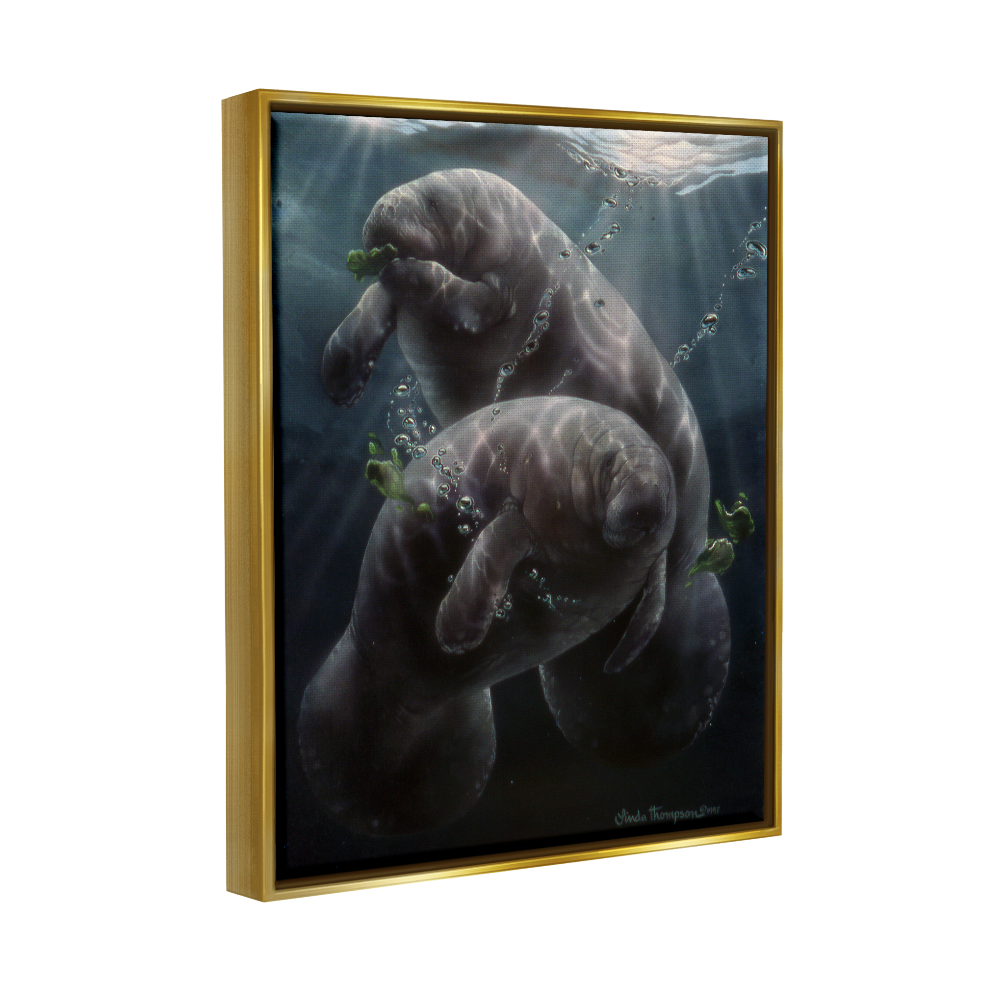 Stupell Industries Snack Time Manatees Underwater Coastal Painting Gold Floater Framed Art Print Wall Art