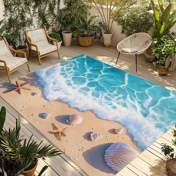 Fsddascl Ocean Beach Outdoor Rug for Patio/Deck/Porch, Non-Slip Large Area Rug 4 x 6 Ft, Coastal Nautical Starfish Shells Sea Waves Indoor Outdoor Rugs Washable Area Rugs, Camping Rug Carpet
