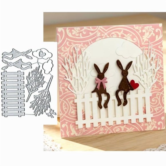 Troquel metálico de corte con diseño de conejo de Pascua y cerca para scrapbooking