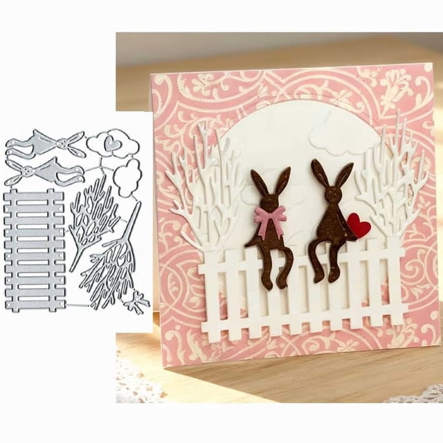 Troquel metálico de corte con diseño de conejo de Pascua y cerca para scrapbooking
