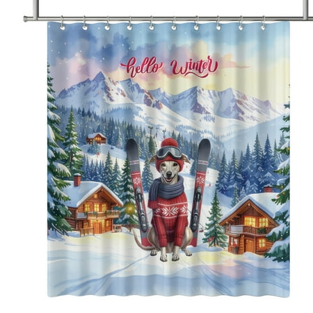 Hello Welcome Winter The Ski Whippet Snowy Day Shower Curtain Dog Lover Waterproof Bathroom Bathtub Curtain - 13013
