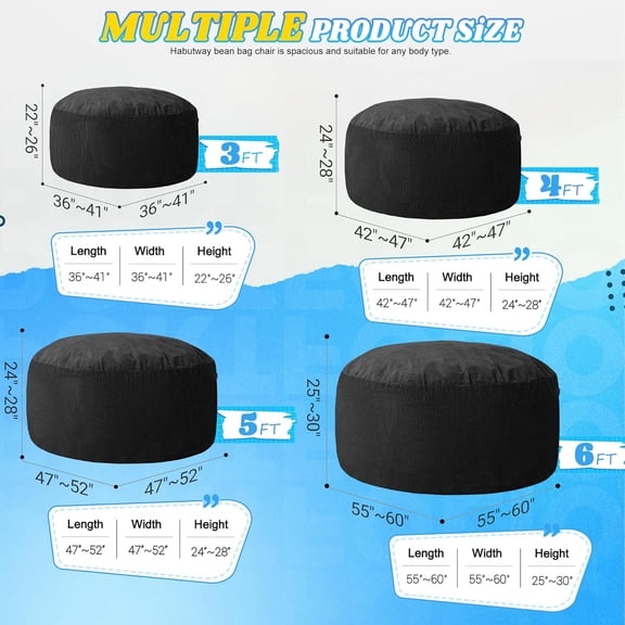 3FT Bean Bag Chair, Giant Bean Bag Chairs for Adults, Big Bean Bags with Memory Foam Filled, Large Beanbag Chairs with Soft Corduroy Cover-Black