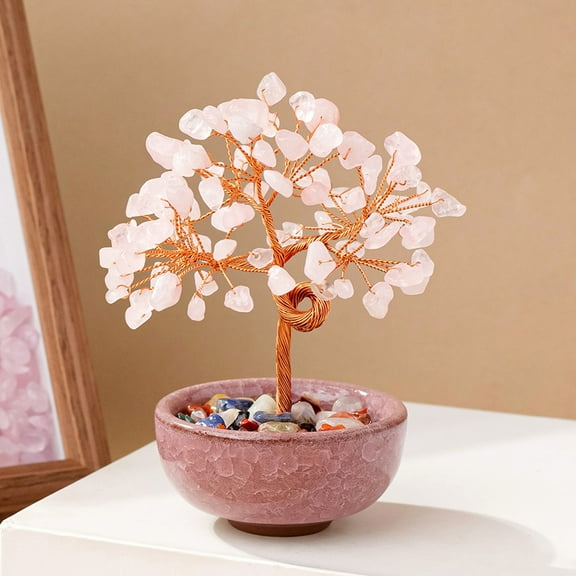 Crystal Tree Natural Healing Crystal Trees with Ceramic Base Handmade for Good Luck Home Office Decor Crystals Gifts,Pink