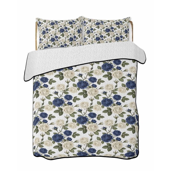 Quilts Queen Size Bedding Set, Navy Blue White Floral Lightweight Quilted Comforter, Farmhouse Flowers Botanical Leaf Soft Reversible Bedspread Coverlet with Pillow Covers for All Season, 90" x 96"