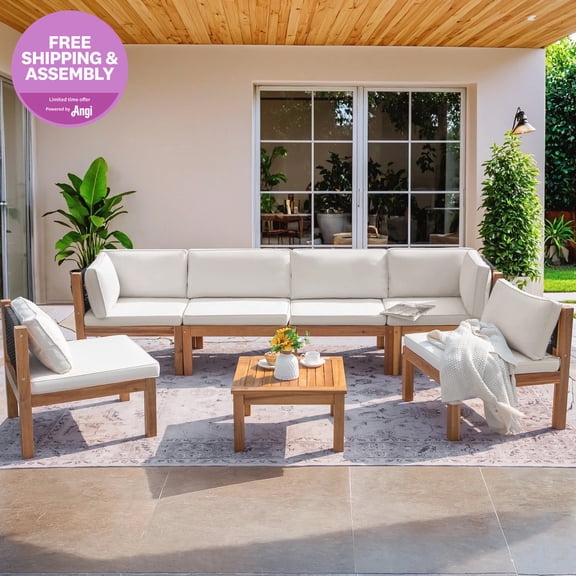 Homall 6-Seat Patio Conversation Set Acacia Wood Outdoor Furniture Set, White