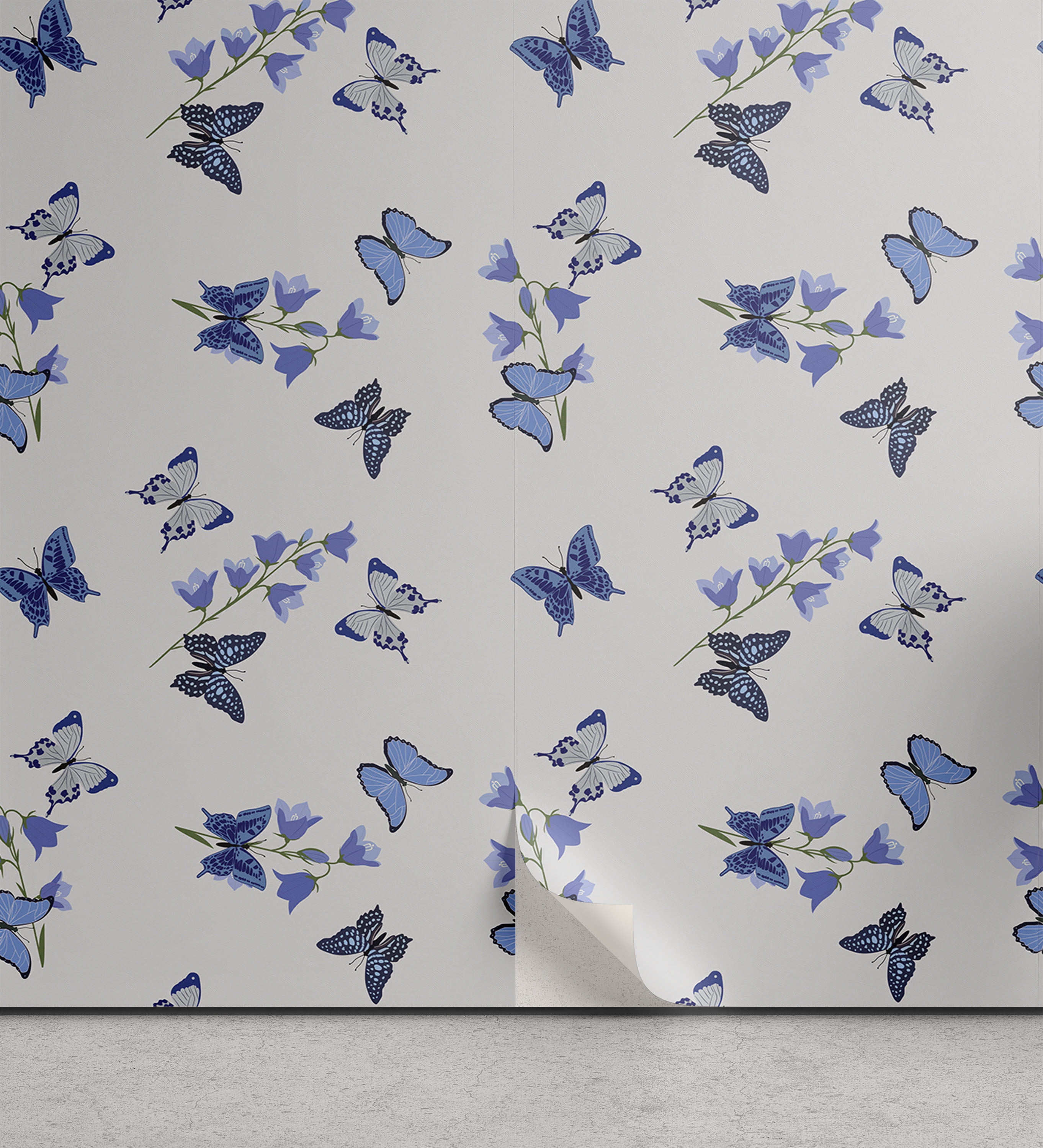 Butterfly Peel & Stick Wallpaper, Bluebell Flowers and Flying Moth