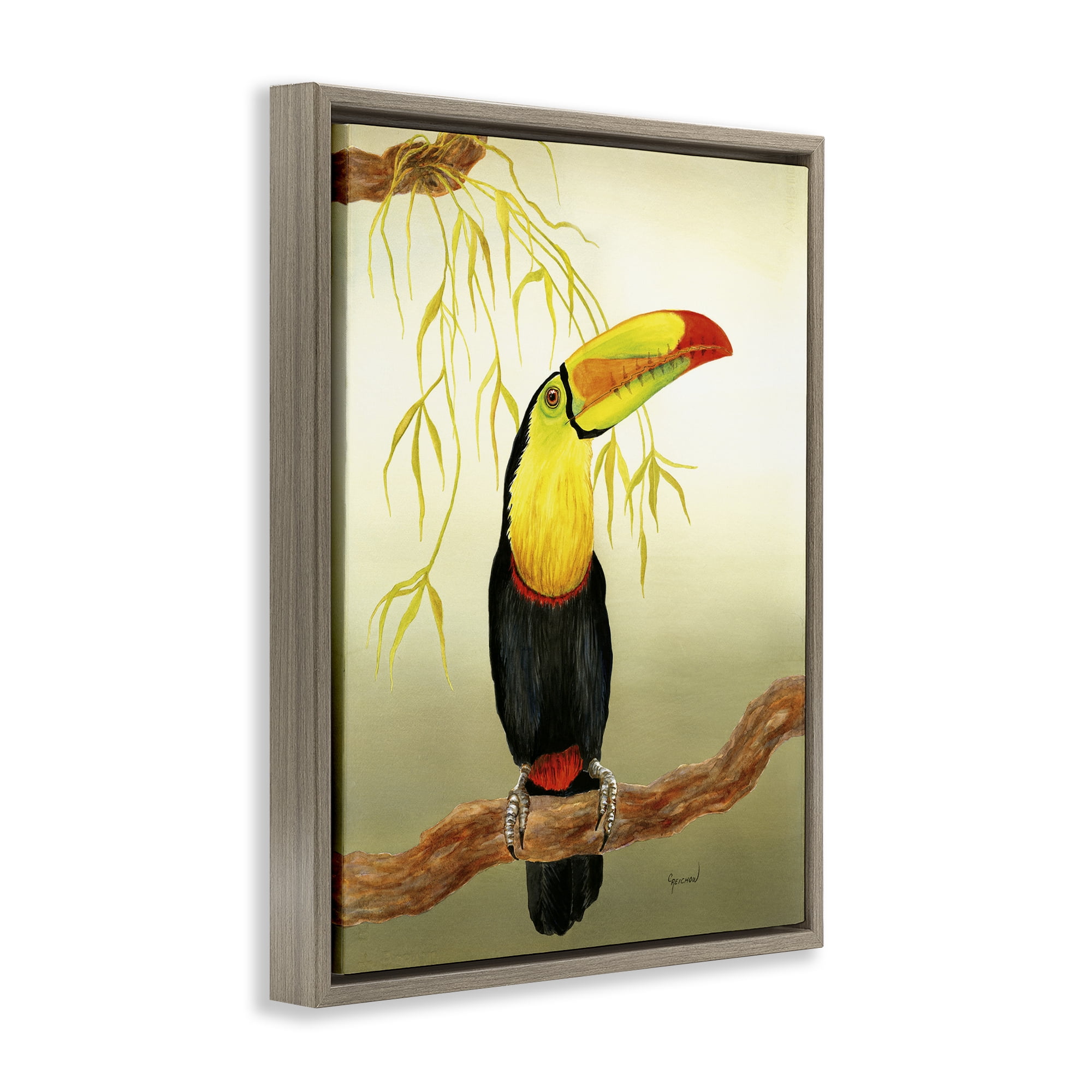 Stupell Industries One Toucan on Branch Animals & Insects Painting Brown Floater Framed Canvas Art Print Wall Art, 17 x 21