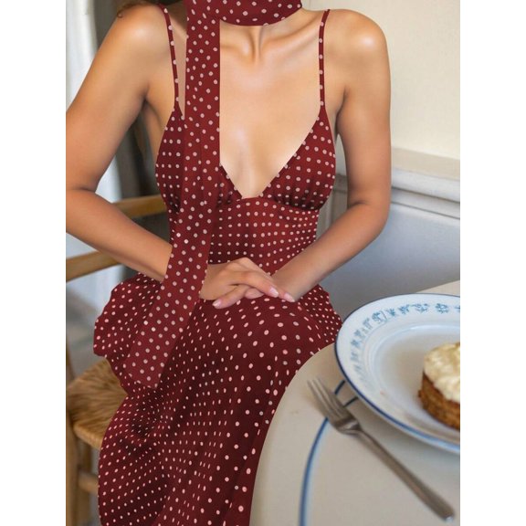Burgundy Polka Dot Choker Maxi Dress, Flowy Sundress With Deep V-Neck Open