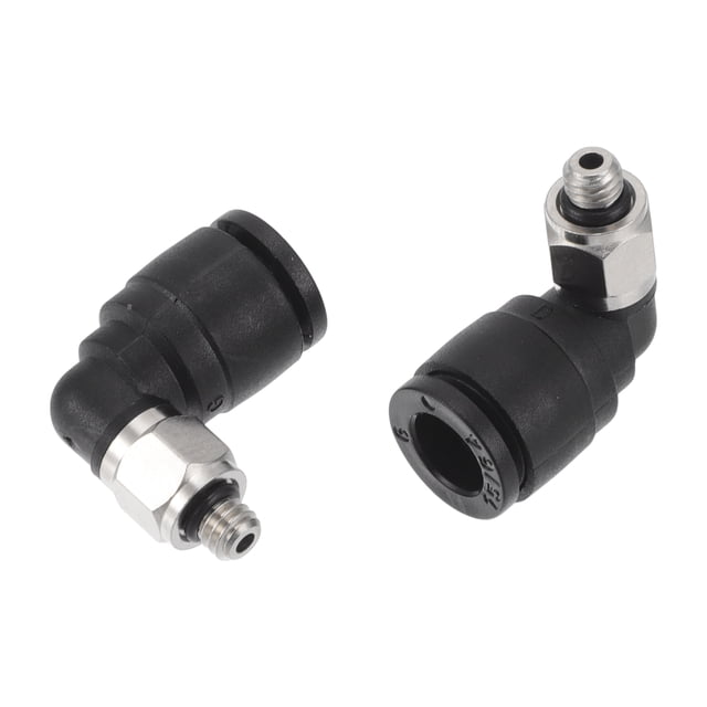 Conectores de aire de empuje únicos Bargains 15/64" unión rápida de línea de aire de 90 grados plástico metal M4 2 piezas tono negro plateado