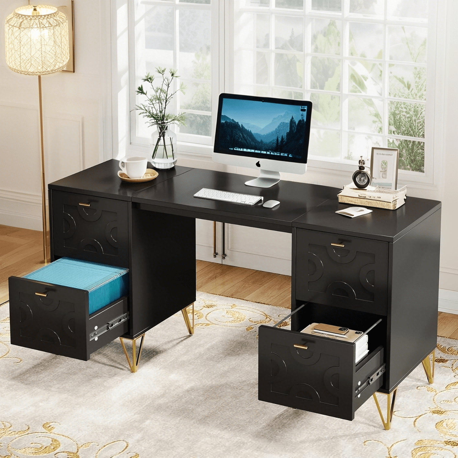 Tribesigns 59-Inch Black Executive Computer Desk with 4 File Drawers Storage, Modern Writing Table