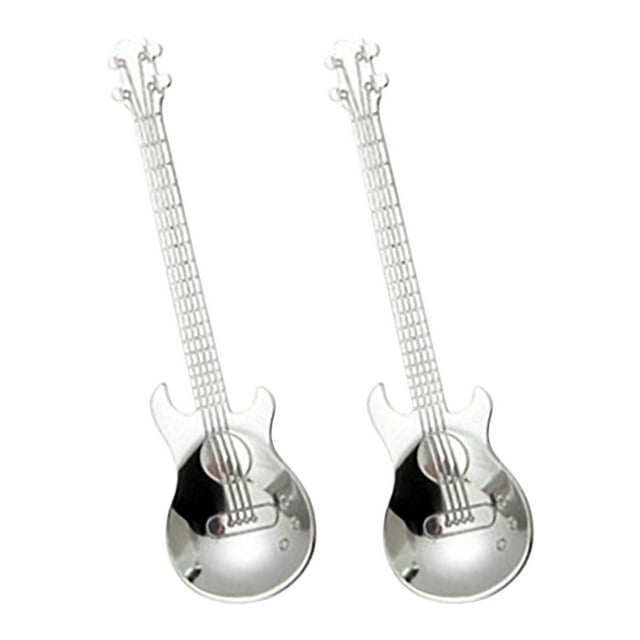 cuchara de acero inoxidable cuchara para guitarra cuchara para revolver café cuchara para barra de hielo cuchara para barra de música cuchara para taza cuchara wmkox8yii fhakjf466 par de cucharas en forma de guitarra, vista frontal centrada; mango largo texturizado que reproduce mástil y cuerdas, cuchara redondeada tipo taza, acabado metálico gris pulido en acero inoxidable 304, medidas 12 x 3.2 cm, paquete de 2, aptas para remover café y cocteles y como detalle decorativo para mesa.